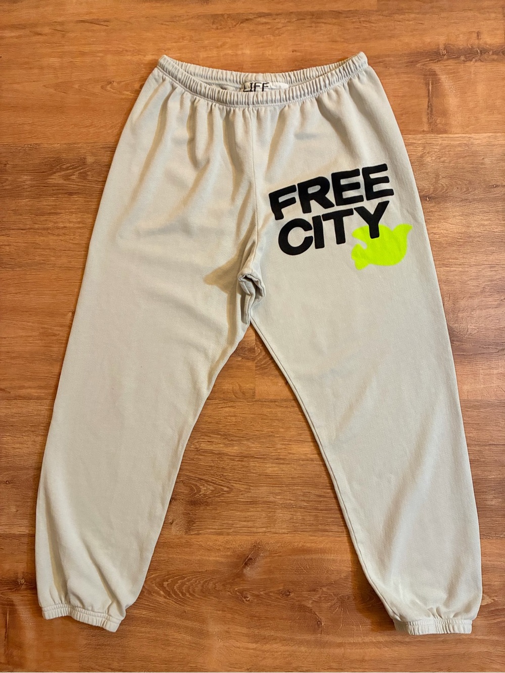Freecity Large Terry Joggers Sweatpants Black Logo Neon Yellow Green Dove